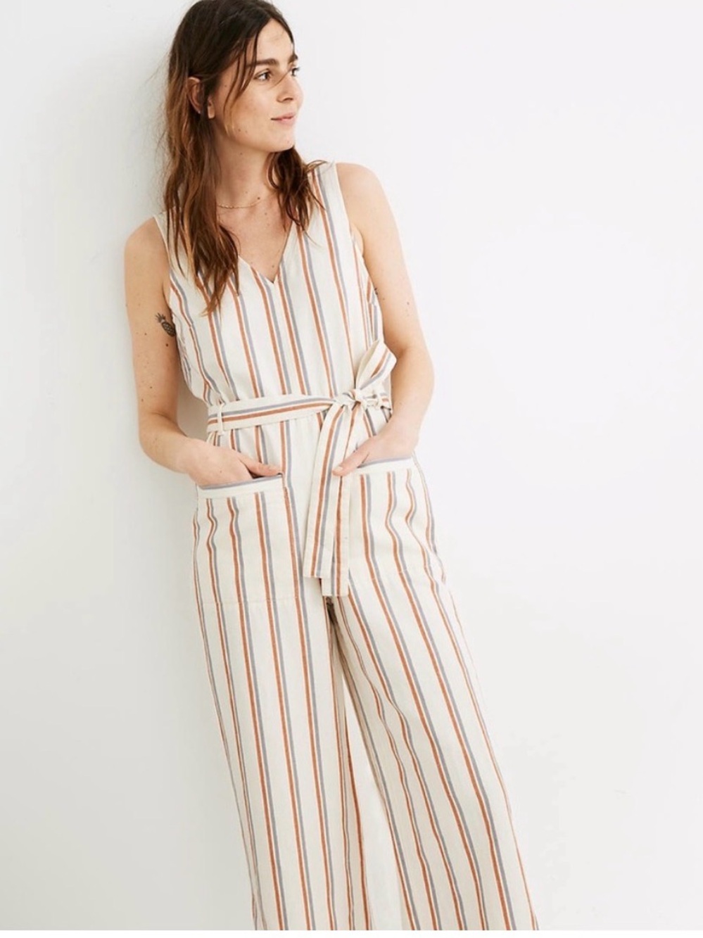 Madewell Cream Striped V-Neck Sleeveless Jumpsuit with Tie Waist Linen blend